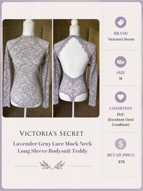 Victoria's Secret Lavender Gray Lace Mock Neck Long Sleeve Bodysuit Teddy M